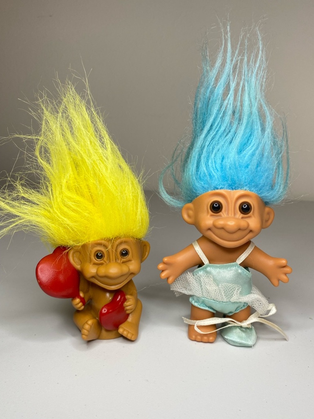Lot Of 2 Vintage Russ Trolls Blue Hair Ballerina Yellow Hair Heart Valentine